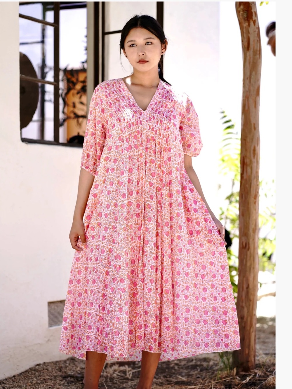Dolma Cotton Floral V-Neck Smocked Midi Skye Dress with Pockets M